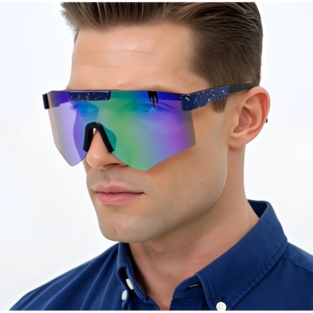 Mirrored Shield Sunglasses Blue Green Mirror Lens Splatter Paint Sporty Men Ski‎